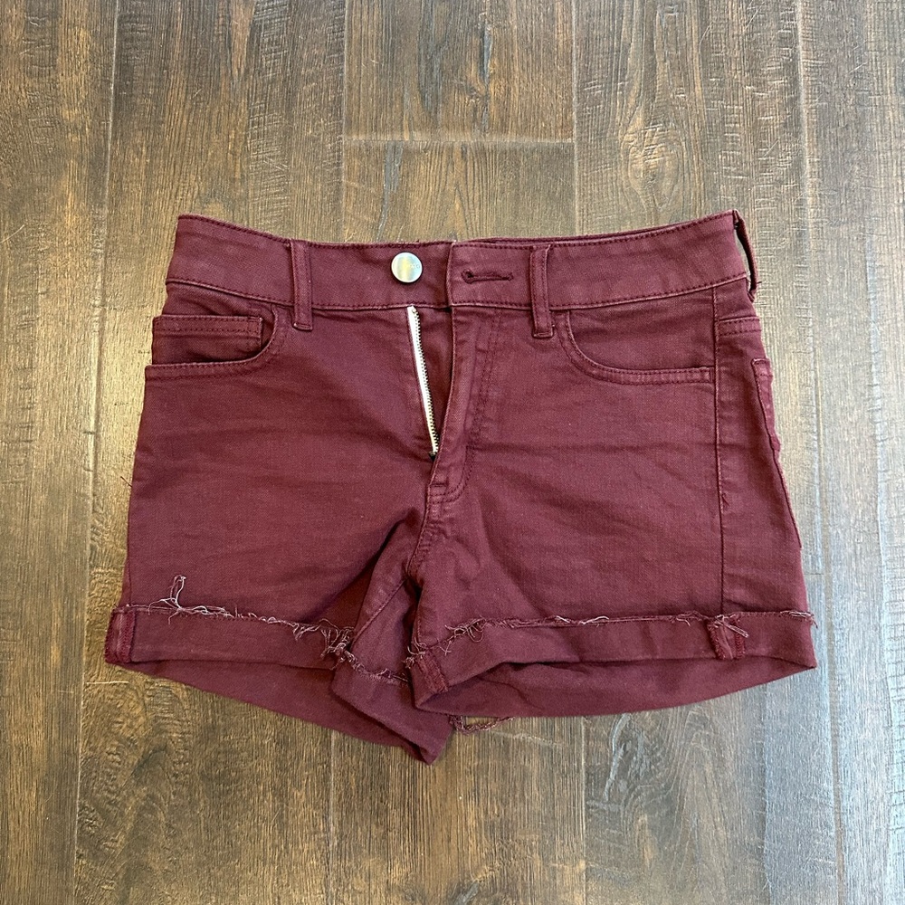 American Eagle Outfitters Burgundy Jean Shorts Fitted Distressed